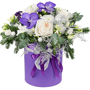 Орхидея бутон Ванда - 2, Лизиантус - 5, Хризантема кустовая Балтика белая - 3, Роза пионовидная 'OHara' белая - 5, Шляпная коробка средняя, Оазис, Колба-пробирка, Аспарагус умбелатус, Гиперикум, Эвкалипт цинерия, Лента, Ель нобилис, Набор новогоднего декора