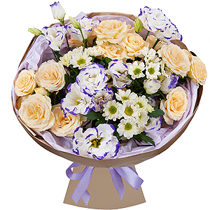 Роза кустовая белая, кремовая, нежно-розовая 50 см - 4, Хризантема кустовая Сантини белая - 5, Лизиантус (Эустома) фиолетовый - 4, Современная упаковка